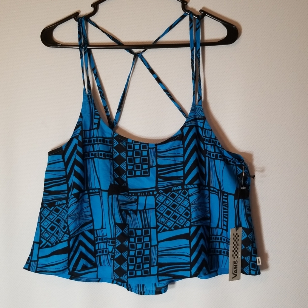 Vans flowy cross back black and blue tank top xl